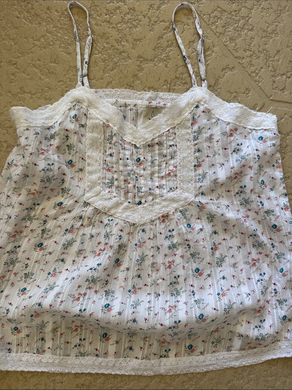 Joie White Floral Lace-Trim Cami with Teal Accents